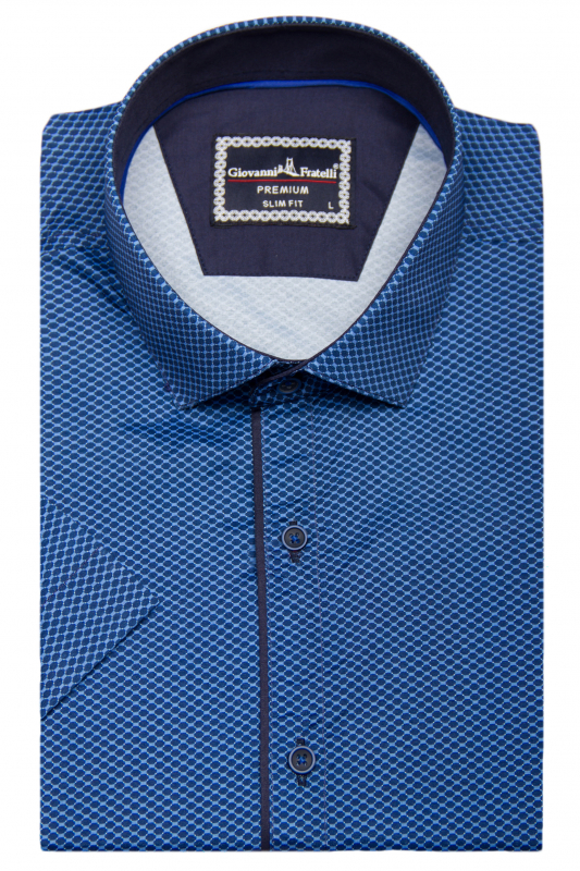 Фото Рубашка с коротким рукавом синяя в узор, горловина однотонная темно-синяя GIOVANNI FRATELLI артикул: 1503 Приталений крій