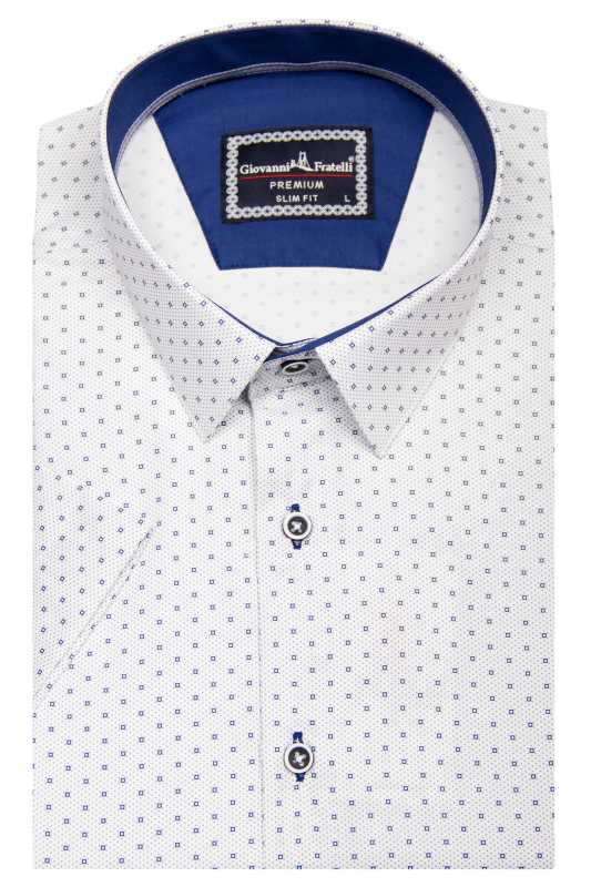 Фото Рубашка с коротким рукавом белая в узор, горловина темно-синяя GIOVANNI FRATELLI артикул: 1504-5 Приталений крій