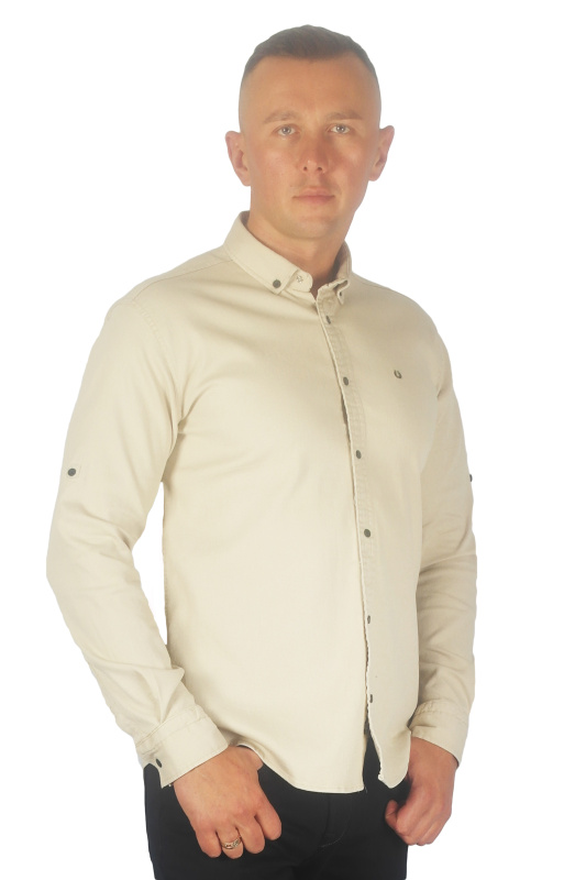 Фото товара Рубашка котоновая светло-бежевая ROYMEN, артикул: 0086-010 Приталені