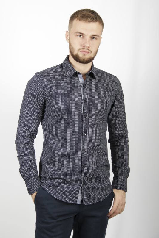 Фото товара Рубашка тёмно-синяя в белый кружок SORBINO, артикул: 4291 Приталені