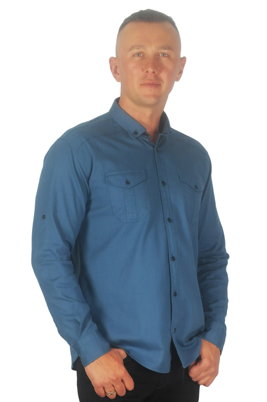 Фото товара Рубашка котоновая тёмно-голубая ROYMEN, артикул: 0085-005 Приталені