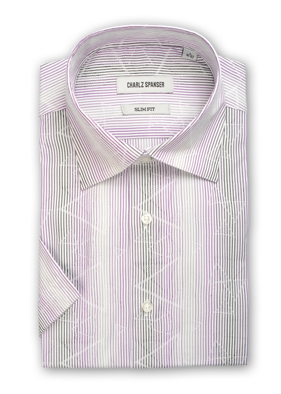 Фото товара Рубашка с коротким рукавом сиреневая в полоску и текстурный тканевый узор Charlz Spanser, артикул: 261997 Приталений крій