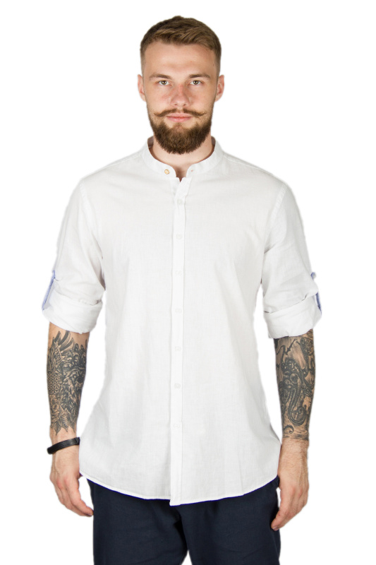 Фото товара Рубашка белая льняная воротник стойка SORBINO, артикул: 4411 Приталені