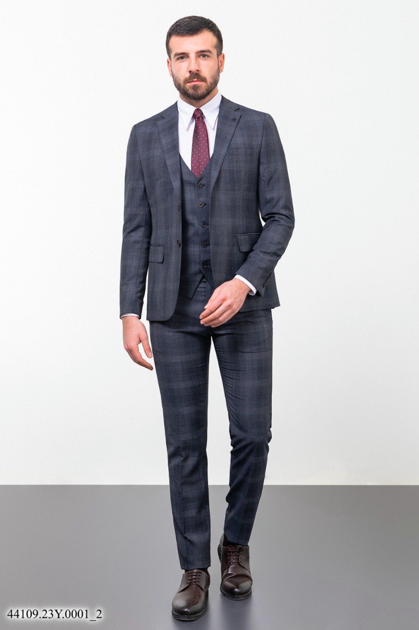 Костюм  трійка темно-синій в сіру клітинку MCR