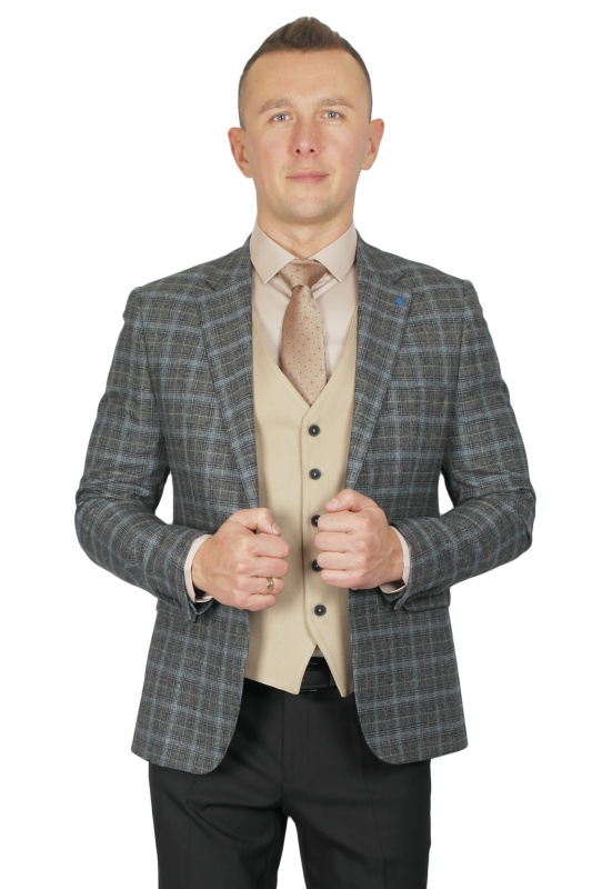 Фото товара Костюм трійка сіро-голубий в клітинку MCR 40740, артикул: 40740-3 костюм 3 зріст ( 164-178 )