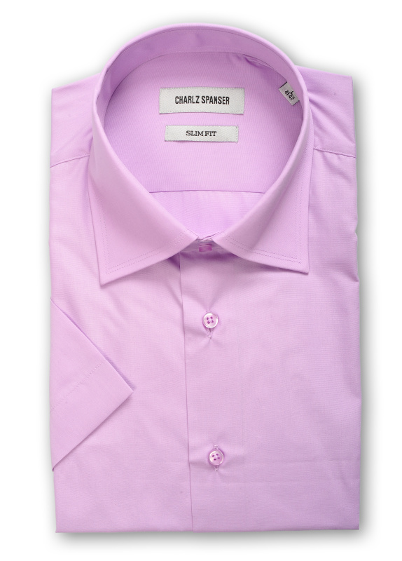 Фото товара Рубашка с коротким рукавом сиреневая приталенная с отстрочкой на воротнике Charlz Spanser, артикул: 26401-1 Приталений крій