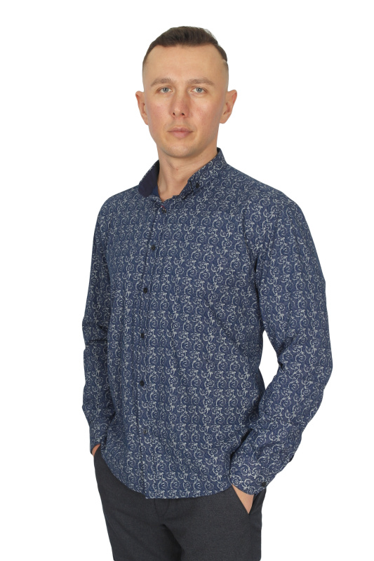 Фото товара Сорочка синя в сірий малюнок  MCR, артикул: 37084 Приталені