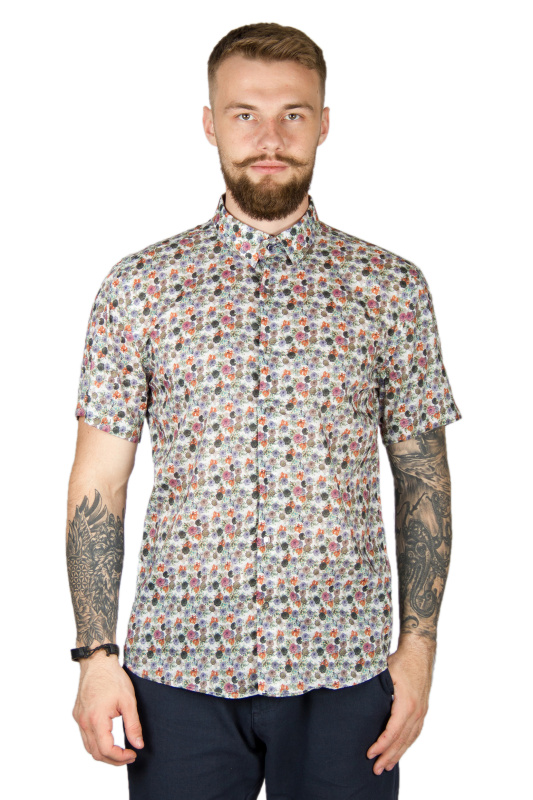 Фото товара Рубашка с коротким рукавом белая в цветы Giovanni Fratelli, артикул: 1321-6 Приталений крій