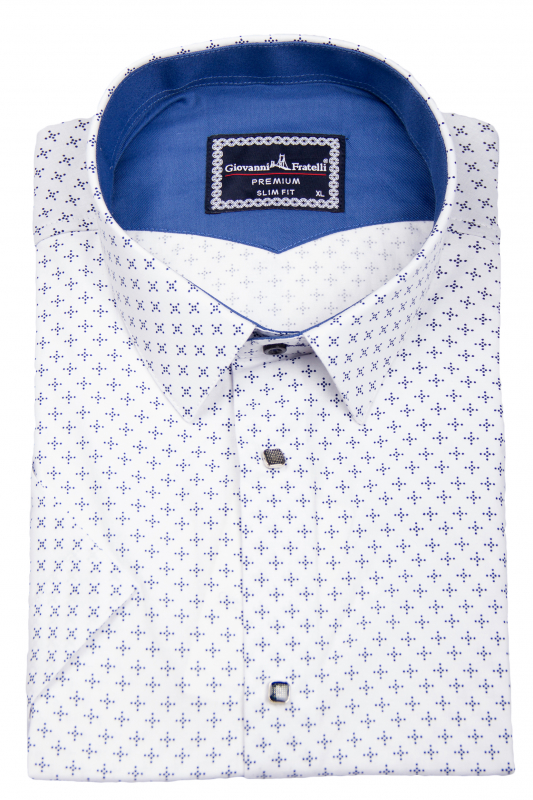Фото Рубашка c коротким рукавом белая  в синий  узор Giovanni Fratell артикул: 1317-1 Приталений крій