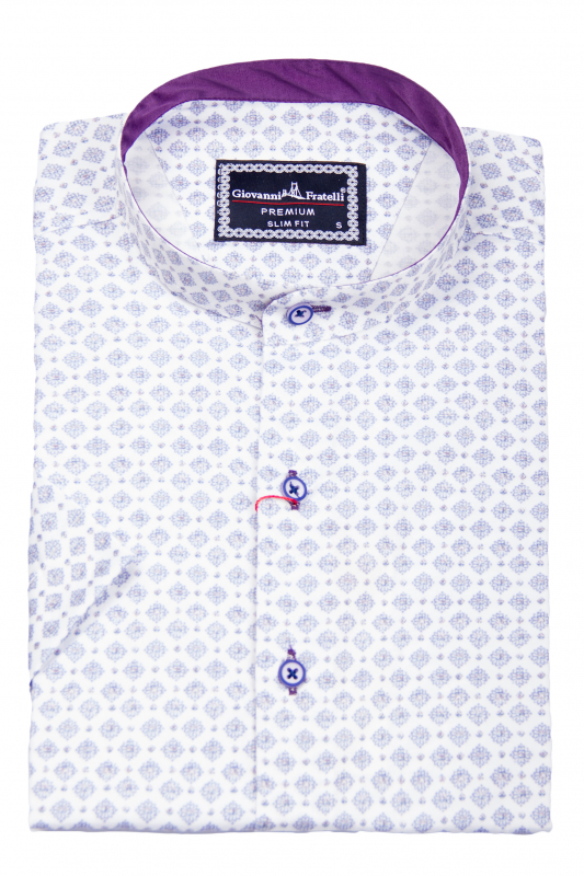 Фото товара Рубашка c коротким рукавом белая в сиреневый узор воротник стойка Giovanni Fratell, артикул: 1327 Приталений крій