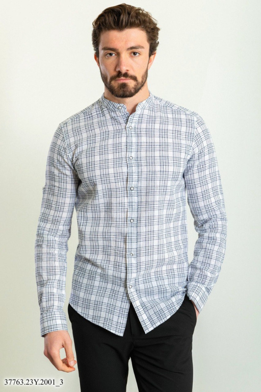 Фото товара Сорочка біла в чорну клітинку комір стійка  MCR 37763, артикул: 37763 Приталені