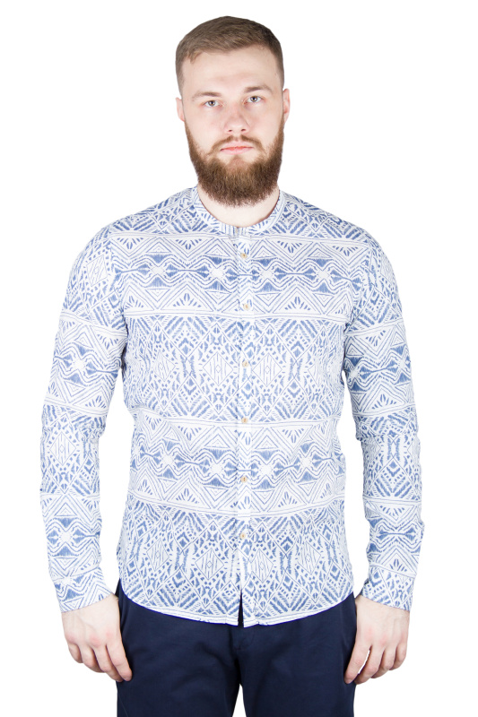 Фото товара Рубашка белая в синий рисунок BICOLORE, артикул: 3751 Приталені