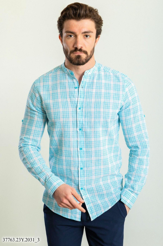 Фото товара Сорочка біла в блакитну клітинку комір стійка  MCR, артикул: 37763-2 Приталені