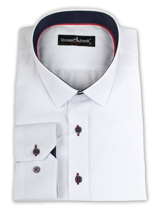 Фото товара Рубашка белая тканевый узор с отделкой по вороту Giovanni Fratelli, артикул: 0847 Приталені