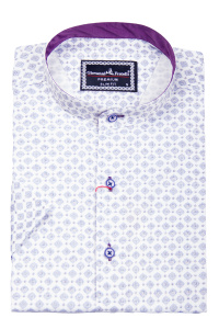 Фото товара Рубашка c коротким рукавом белая в сиреневый узор воротник стойка Giovanni Fratell, артикул: 1327 Приталений крій