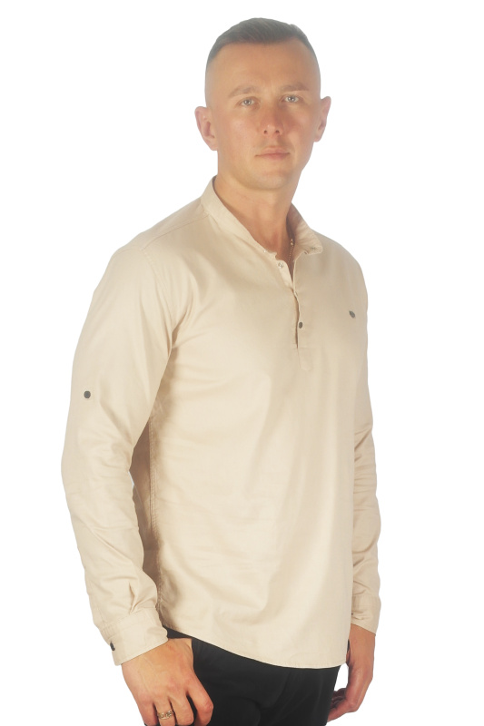 Фото товара Рубашка котоновая бежевая стойка ROYMEN, артикул: 0077-010 Приталені