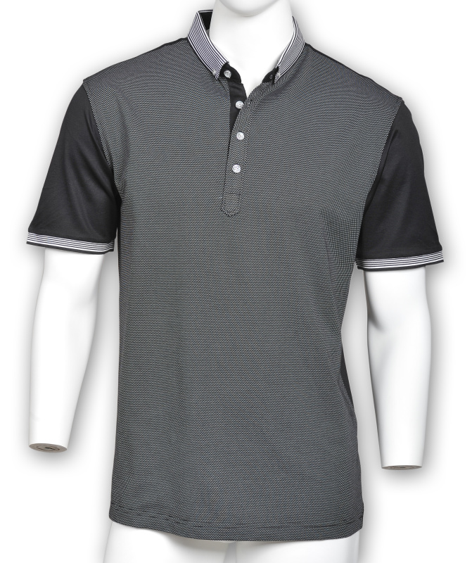 Фото товара Футболка-поло чёрная текстурный узор воротник в полоску MINGNENYIGE, артикул: 28712-1 Футболки та поло