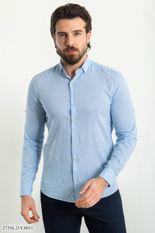 Фото товара Сорочка блакитна лляна MCR 37356-1, артикул: 37356-1 Приталені
