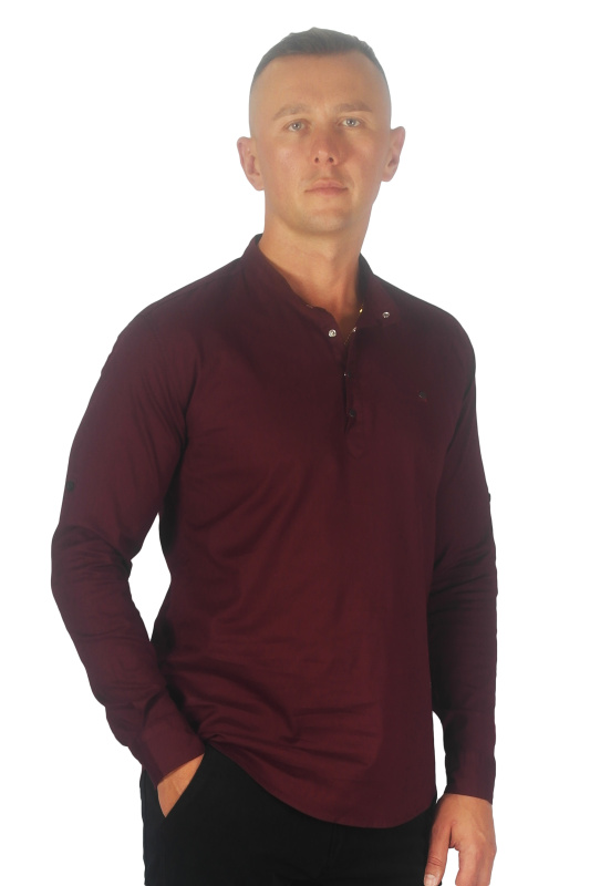 Фото товара Рубашка котоновая бордовая стойка ROYMEN, артикул: 0077-006 Приталені