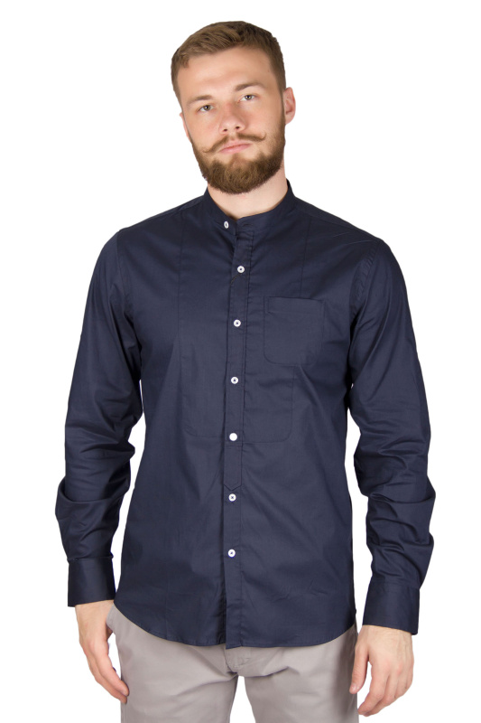 Фото товара Рубашка синяя воротник стойка SORBINO, артикул: 4371 Приталені