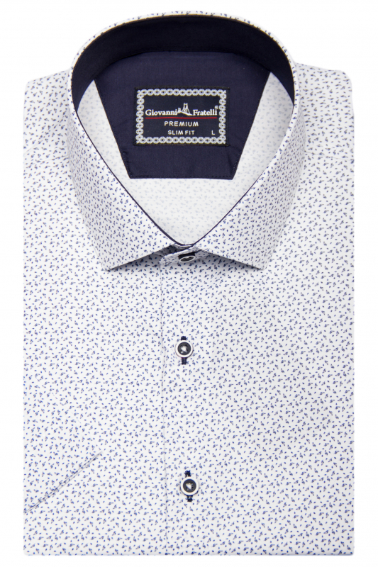 Фото Рубашка с коротким рукавом белая в темно-синий узор GIOVANNI FRATELLI артикул: 1426-10 Приталений крій