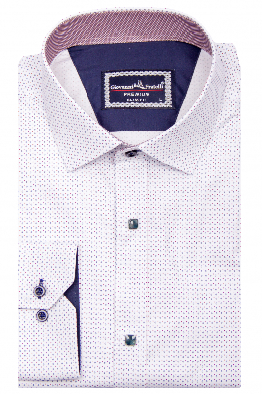 Фото Рубашка белая в красный и серый узор на кнопках GIOVANNI FRATELLI артикул: 1464 Приталені
