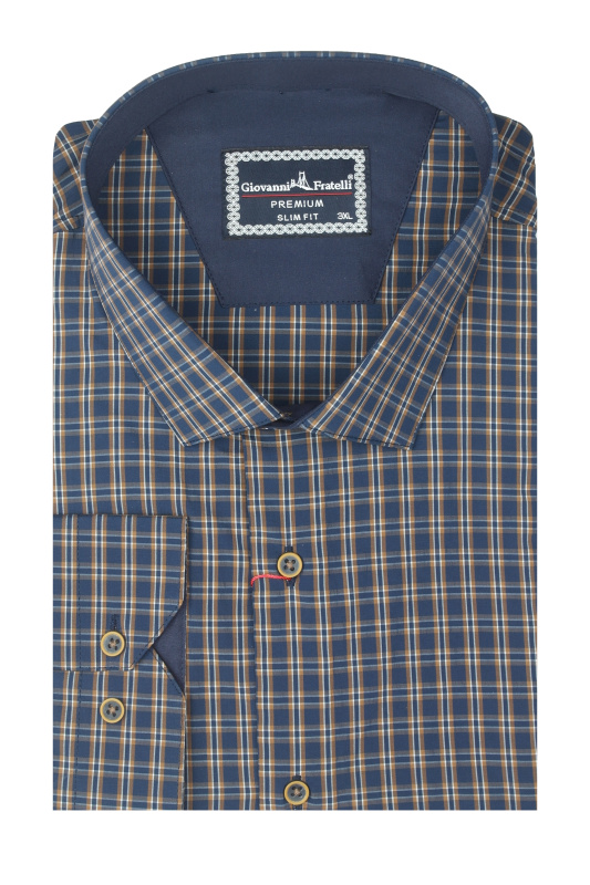 Фото товара Сорочка синя в коричневу клітинку  GIOVANNI FRATELLI, артикул: 5054 Приталені