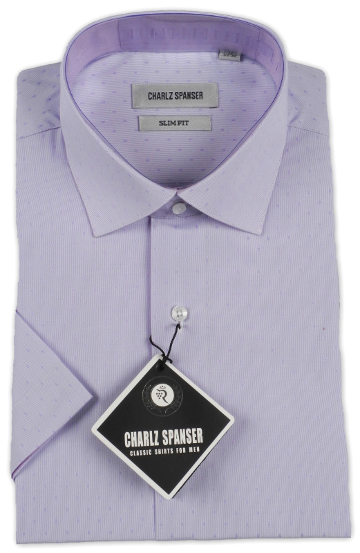 Фото товара Рубашка с коротким рукавом сиреневая в текстурный тканевый узор Charlz Spanser, артикул: 26401-2 Приталений крій