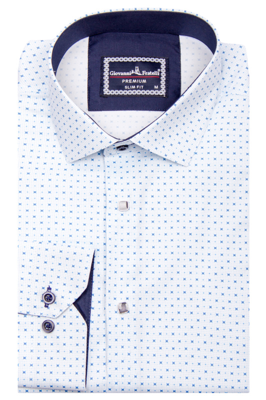 Фото товара Рубашка голубая в синий рисунок на кнопках GIOVANNI FRATELLI, артикул: 6106-7 Приталені