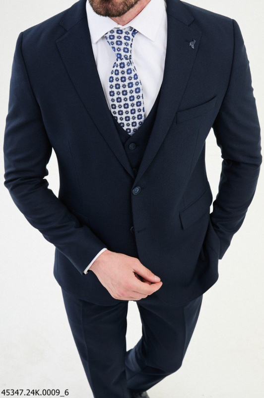 Фото товара Костюм трійка темно-синій текстурна тканина MCR, артикул: 45347 костюм 3 зріст ( 164-178 )