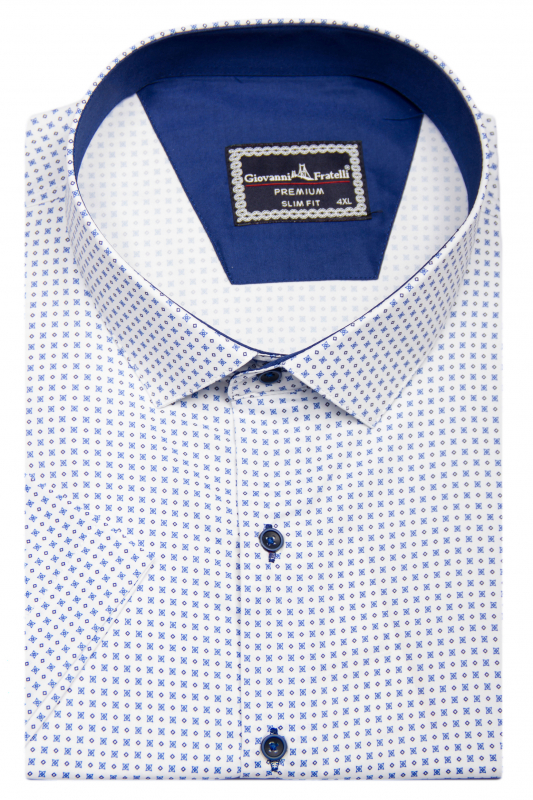 Фото Рубашка с коротким рукавом белая в синий узор артикул: 1604 Приталений крій
