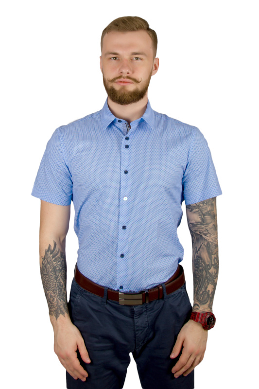 Фото товара Рубашка c коротким рукавом голубая в точечный рисунок Giovanni Fratelli, артикул: 1214 Приталений крій