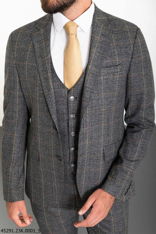 Фото товара Костюм трійка сірий в жовту клітинку   MCR, артикул: 45291 костюм 3 зріст ( 164-178 )