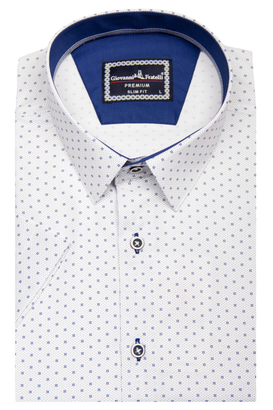 Фото товара Рубашка с коротким рукавом белая в узор, горловина темно-синяя GIOVANNI FRATELLI, артикул: 1504-5 Приталений крій