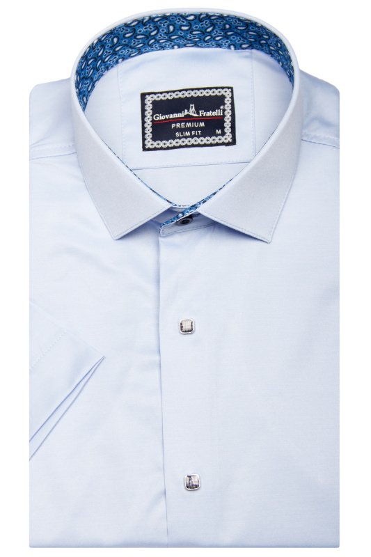 Фото товара Рубашка c коротким рукавом голубая однотонная на кнопках Giovanni Fratelli, артикул: 1468-1 Приталений крій