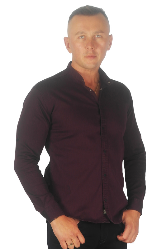 Фото товара Рубашка котоновая бордовая стойка ROYMEN, артикул: 0031-006 Приталені