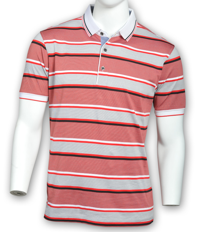 Фото товара Футболка-поло красная в белую и чёрную полоску  MINGNENYIGE, артикул: 28771 Футболки та поло