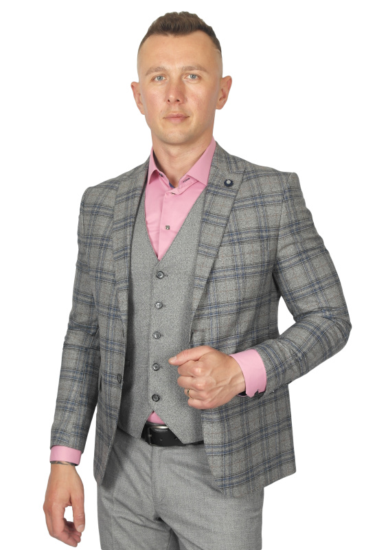 Фото товара Костюм трійка сірий в синю клітинку MCR 40606-1, артикул: 40606-1 костюм 3 зріст ( 164-178 )