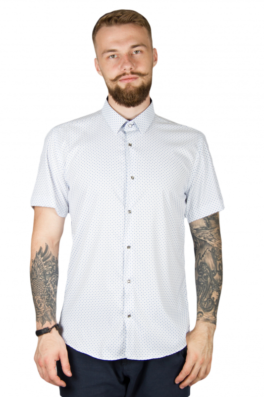 Фото Рубашка с коротким рукавом белая в точечный узор и застёжка на кнопках Giovanni Fratelli артикул: 1231-1 Приталений крій