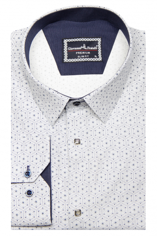 Фото Рубашка белая в синий узор застёжка на кнопках  GIOVANNI FRATELLI артикул: 1443 Приталені