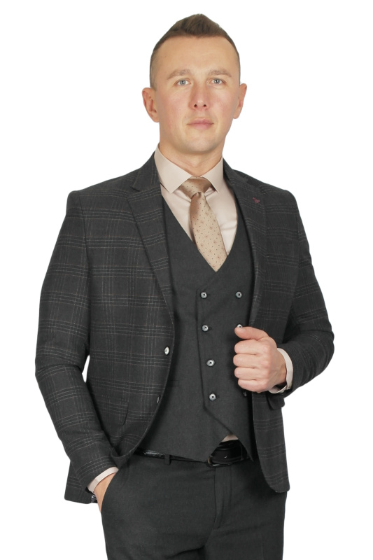 Фото товара Костюм трійка сірий в коричневу клітинку MCR 40736, артикул: 40736 костюм 3 зріст ( 164-178 )