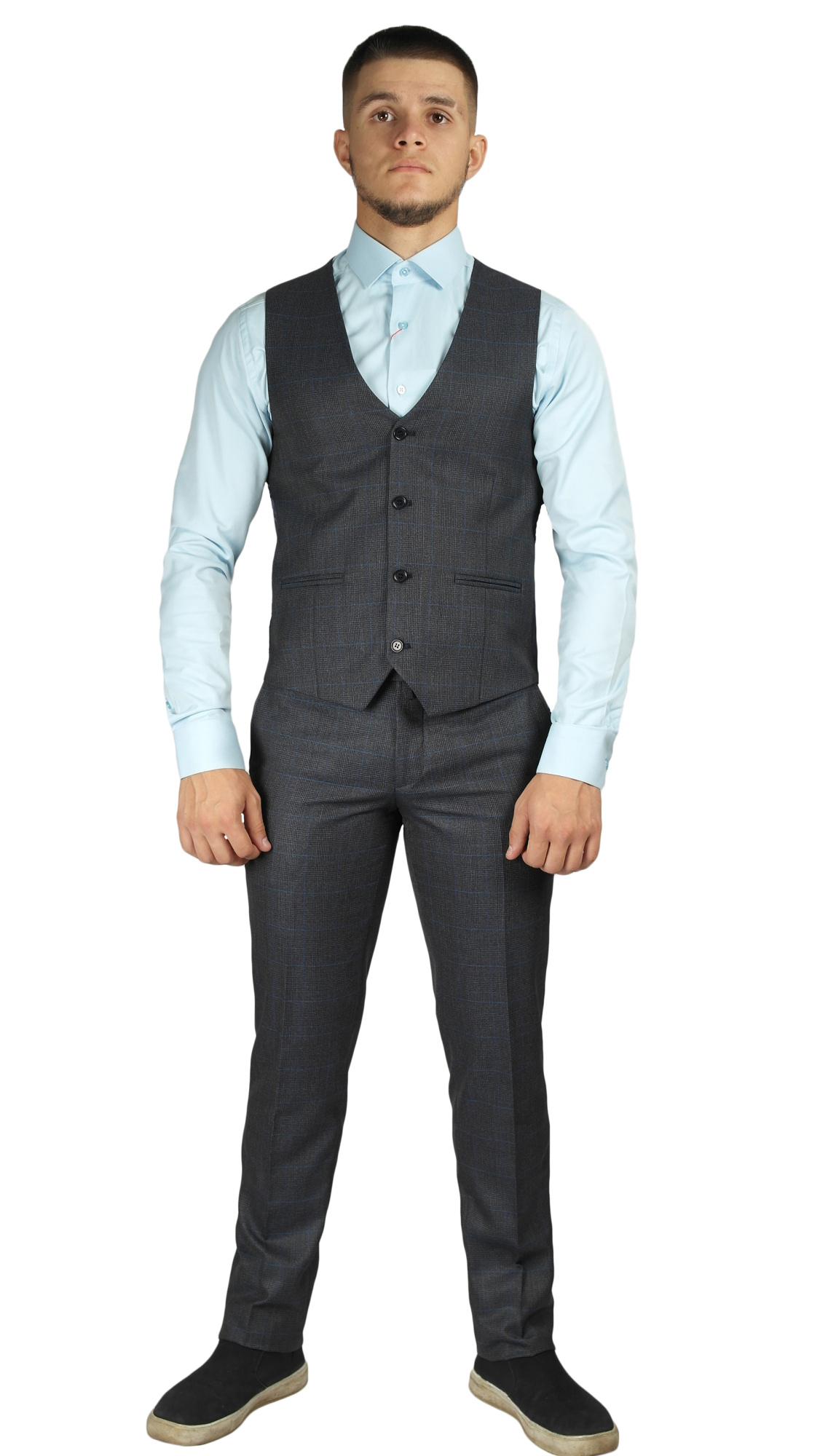Костюм тройка серый в синюю клетку  CARDOZO