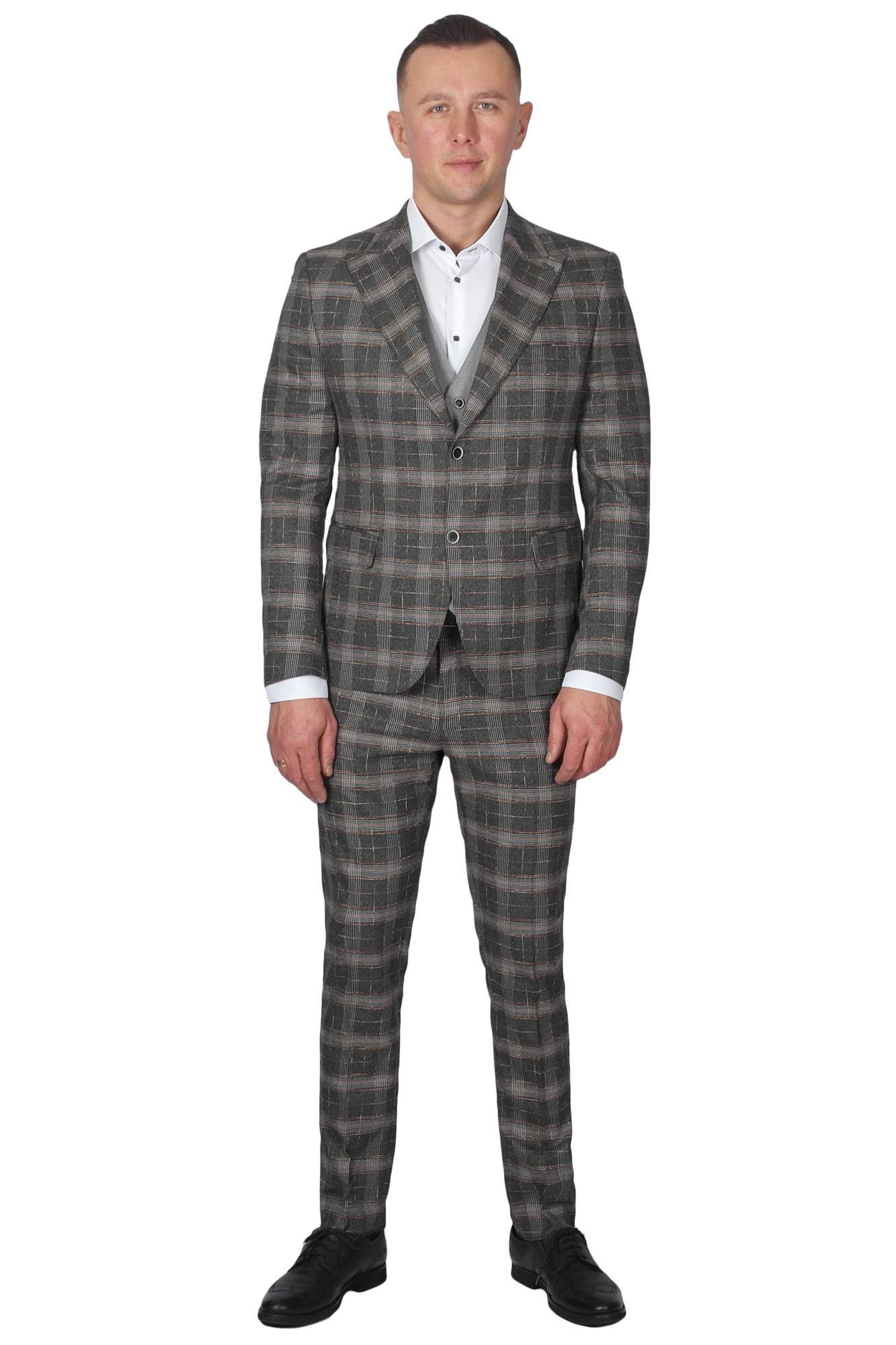 Костюм тройка серо-коричневый в клетку  MCR