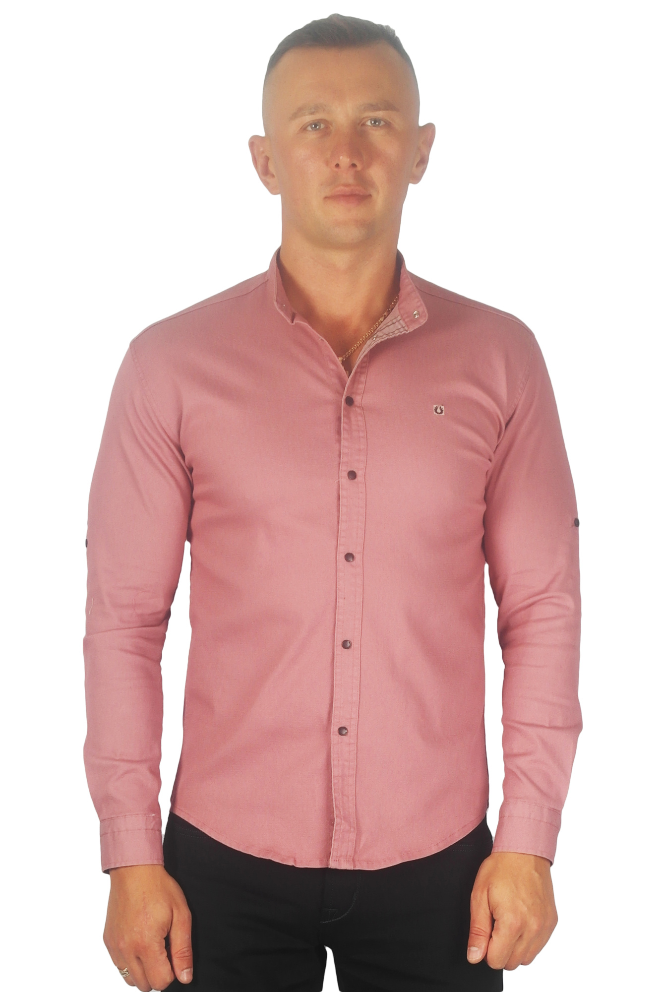 Рубашка котоновая тёмно-розовая  стойка ROYMEN