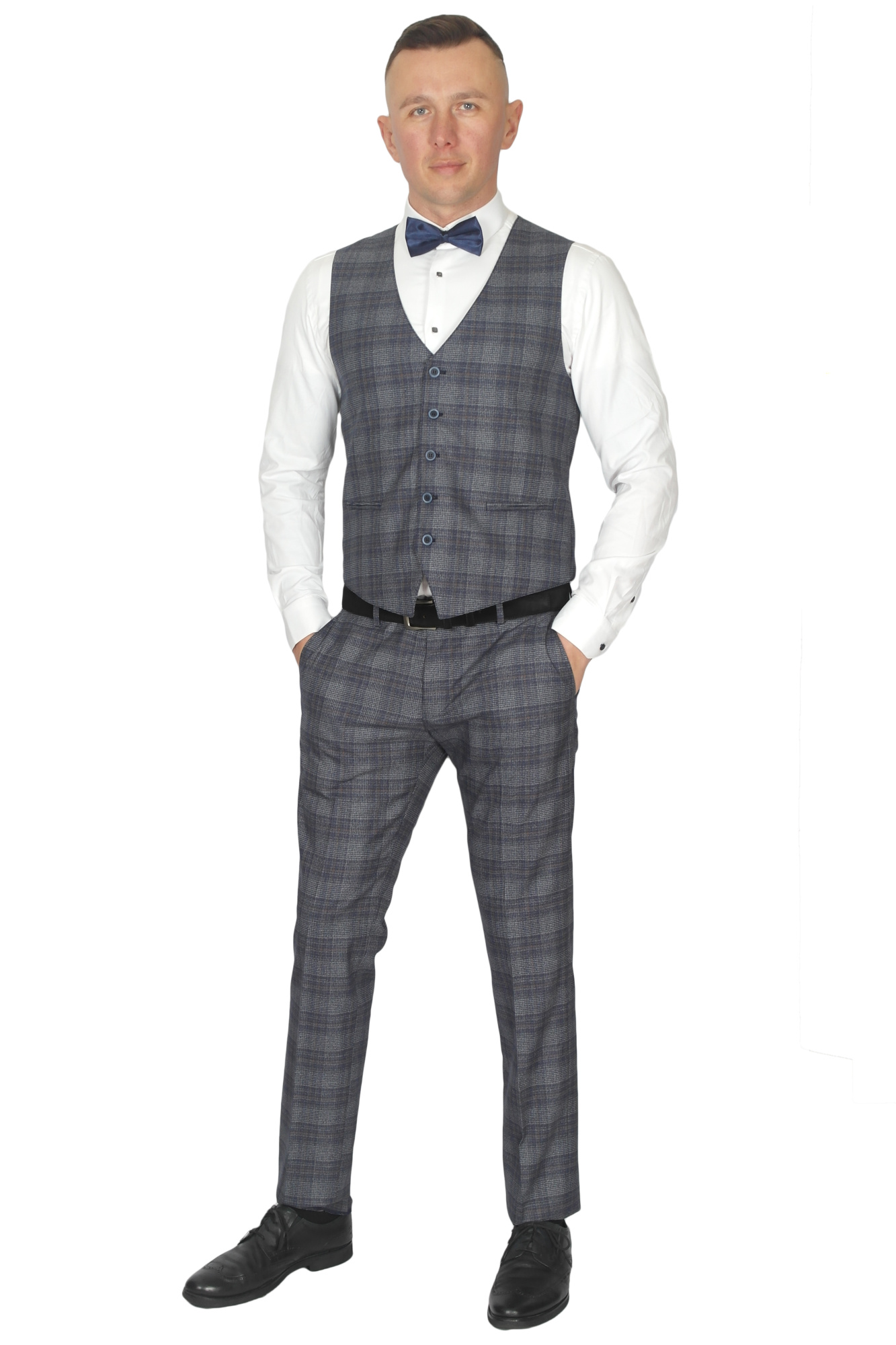 Костюм трійка сіро-синій текстурний в клітинку MCR