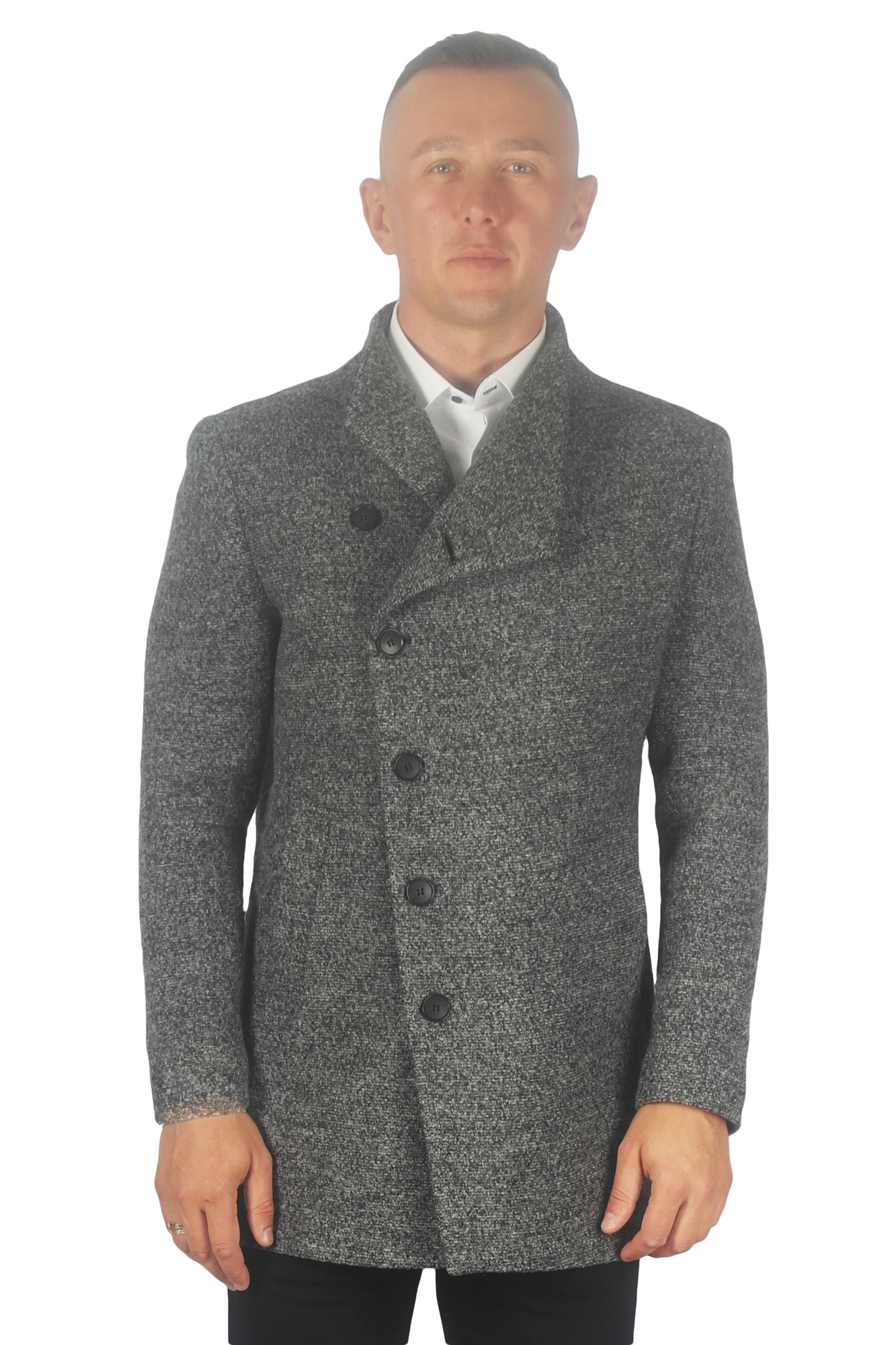 Пальто серое меланж воротник стойка MCR